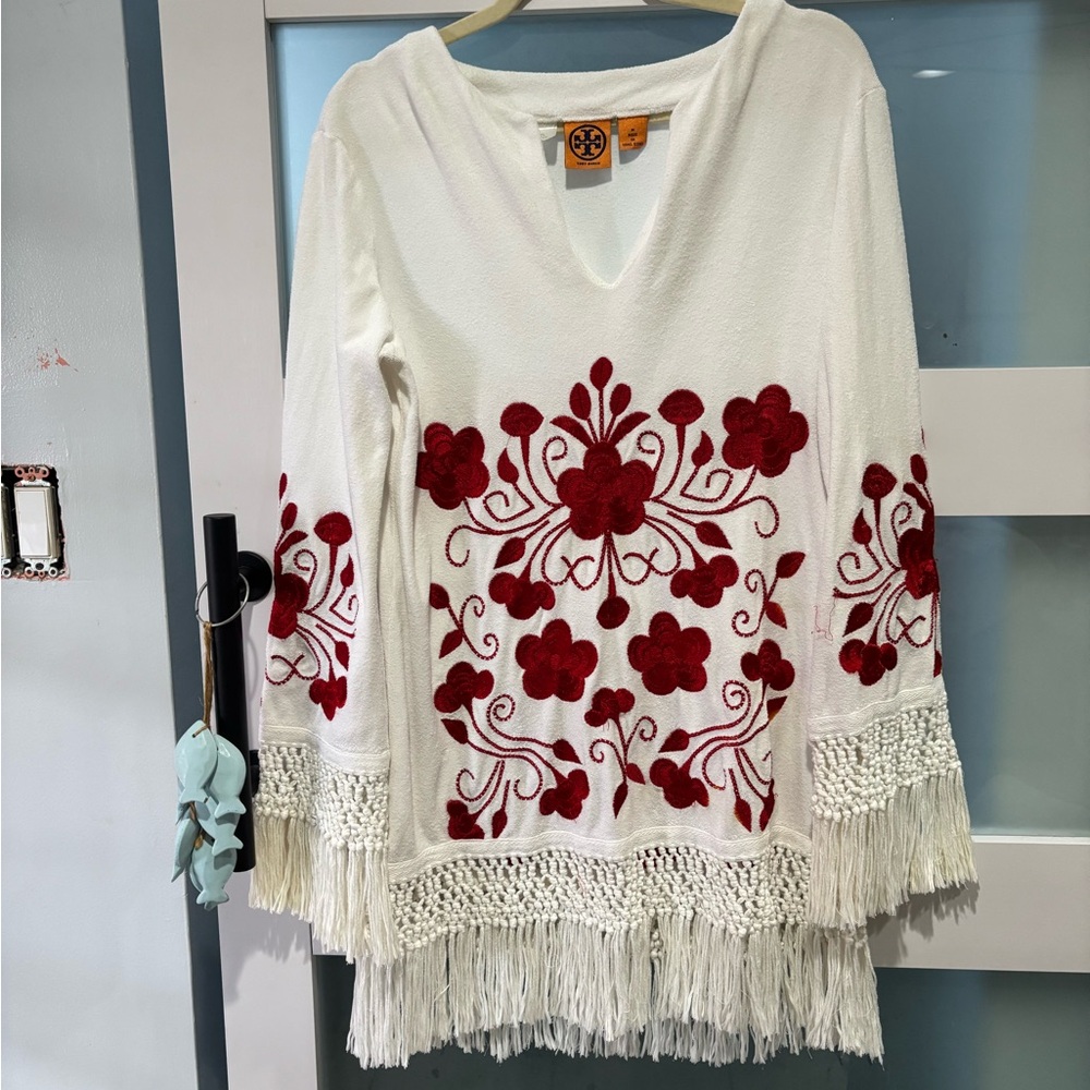 Tory Burch Cream/ white and Red Floral embroidered Tunic